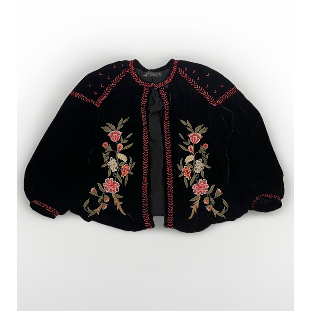Zara Boho Velvet Floral Embroidered Romantic Folk Jacket Castlecore Size SMALL